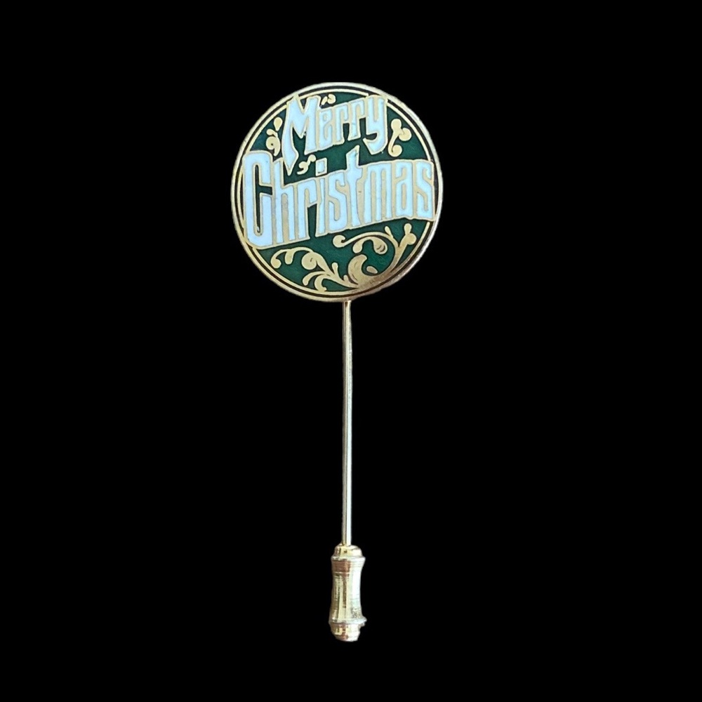 Vintage Centennia Enamel Lapel Pin Merry Christmas Green Gold Signed Stick Pin